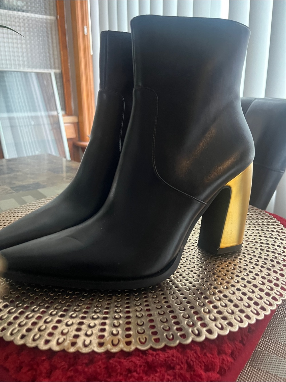 Black Leather Ankle Boots with Gold Block Heel